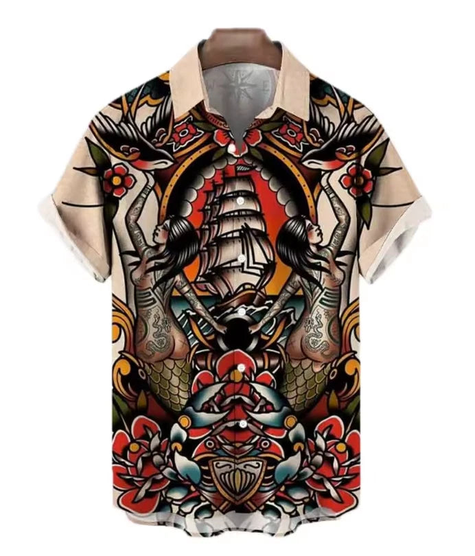 Mens Button Down Shirts Japanese Koi Printed Hawaiian Top Aloha Novelty Ugly