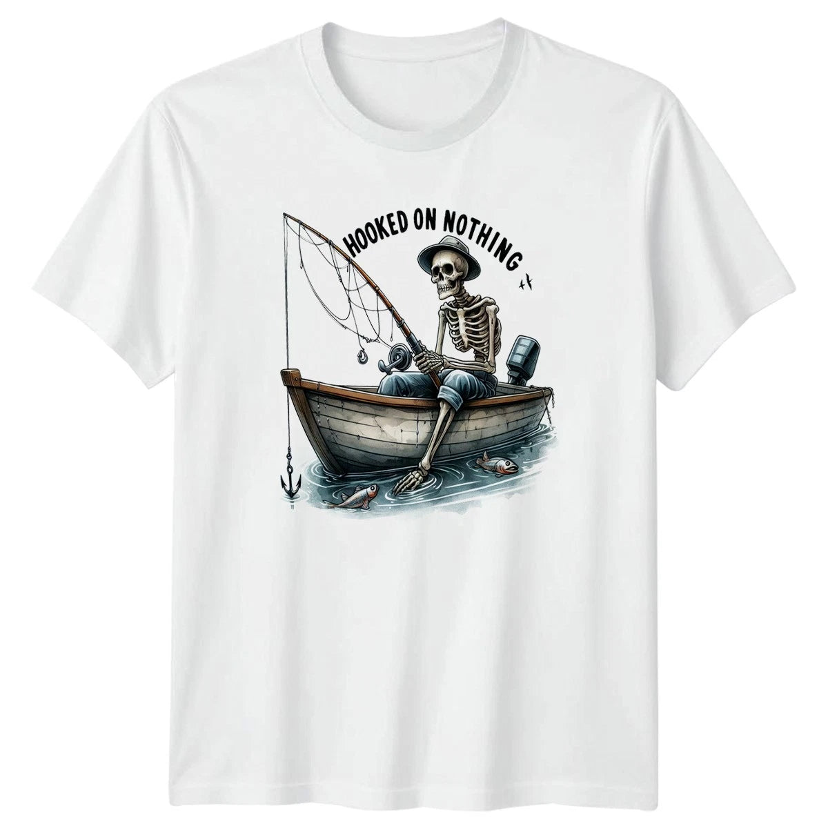 Hooked On Nothing T-Shirt Skeleton Novelty Fishing Birthday Gift For Him And Her