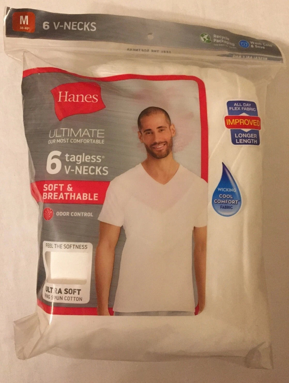 NWT Hanes 6 In Package V Neck Shirts T Tee Ultimate Men White Medium 100% Cotton