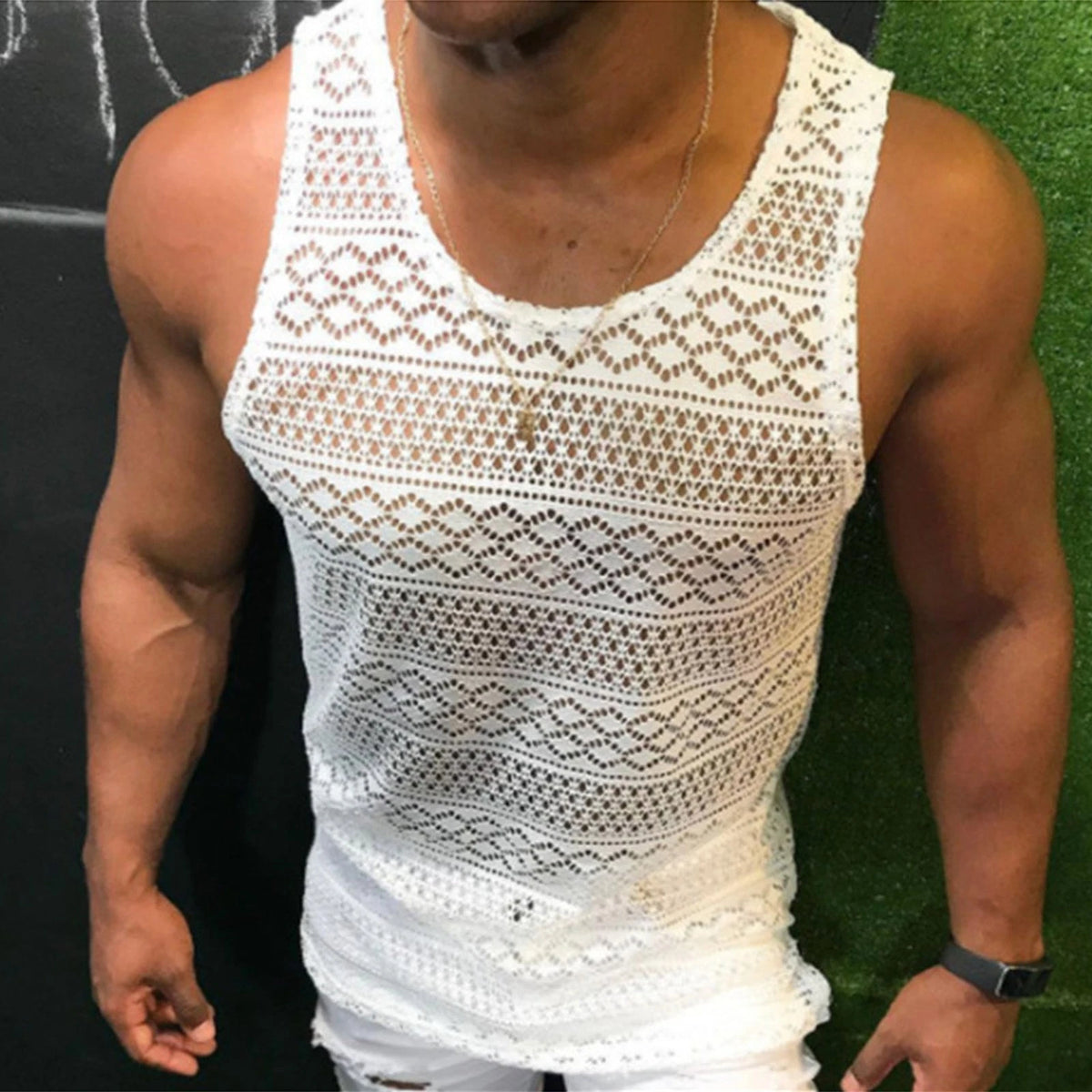 Men Lace Shirt Stylish Lace Sleeveless Top For Summer Casual Wear Premium GEV