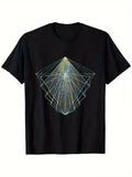 Men's 100% Geometric Triangle Print T-Shirt - Black with Blue & Golden Modern Pa
