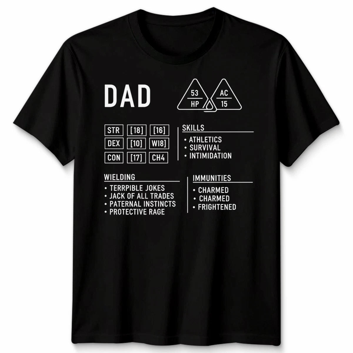Dad Dungeons Mens T Shirt Dragons Character Sheet Fathers Day Gift DND RPG