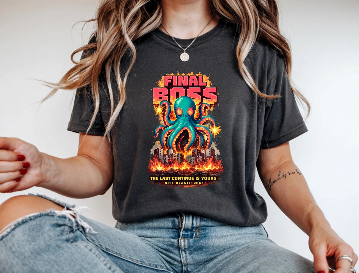 Final Boss Retro Gamer T-Shirt Pixel Octopus Arcade Gaming Graphic Tee