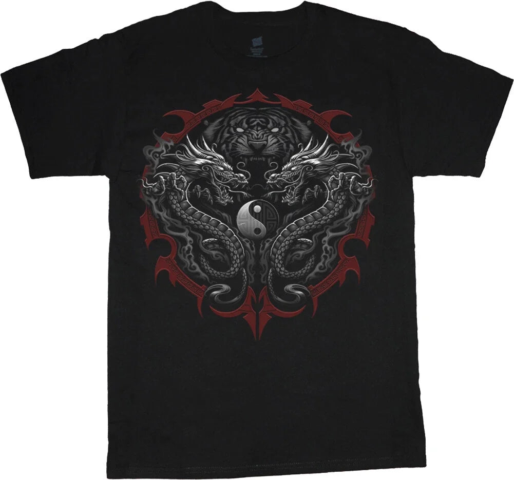 Mens T-shirt Yin Yang Twin Dragons Tiger Mens Graphic Tee Clothing Apparel