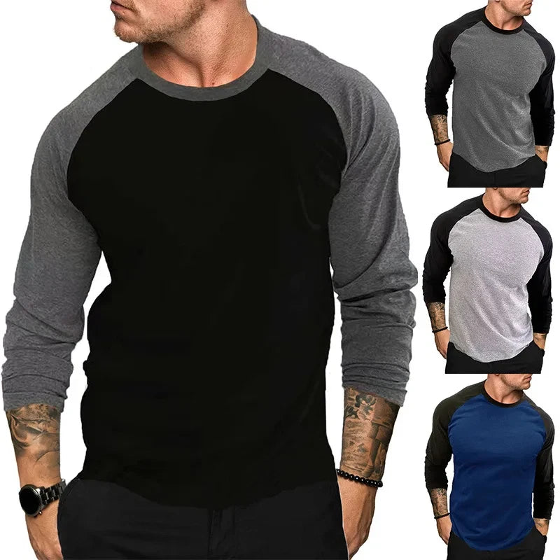 Mens Contrast Baseball Long Sleeve T Shirt Casual Top 100% POLYSTER 4 Colours UK
