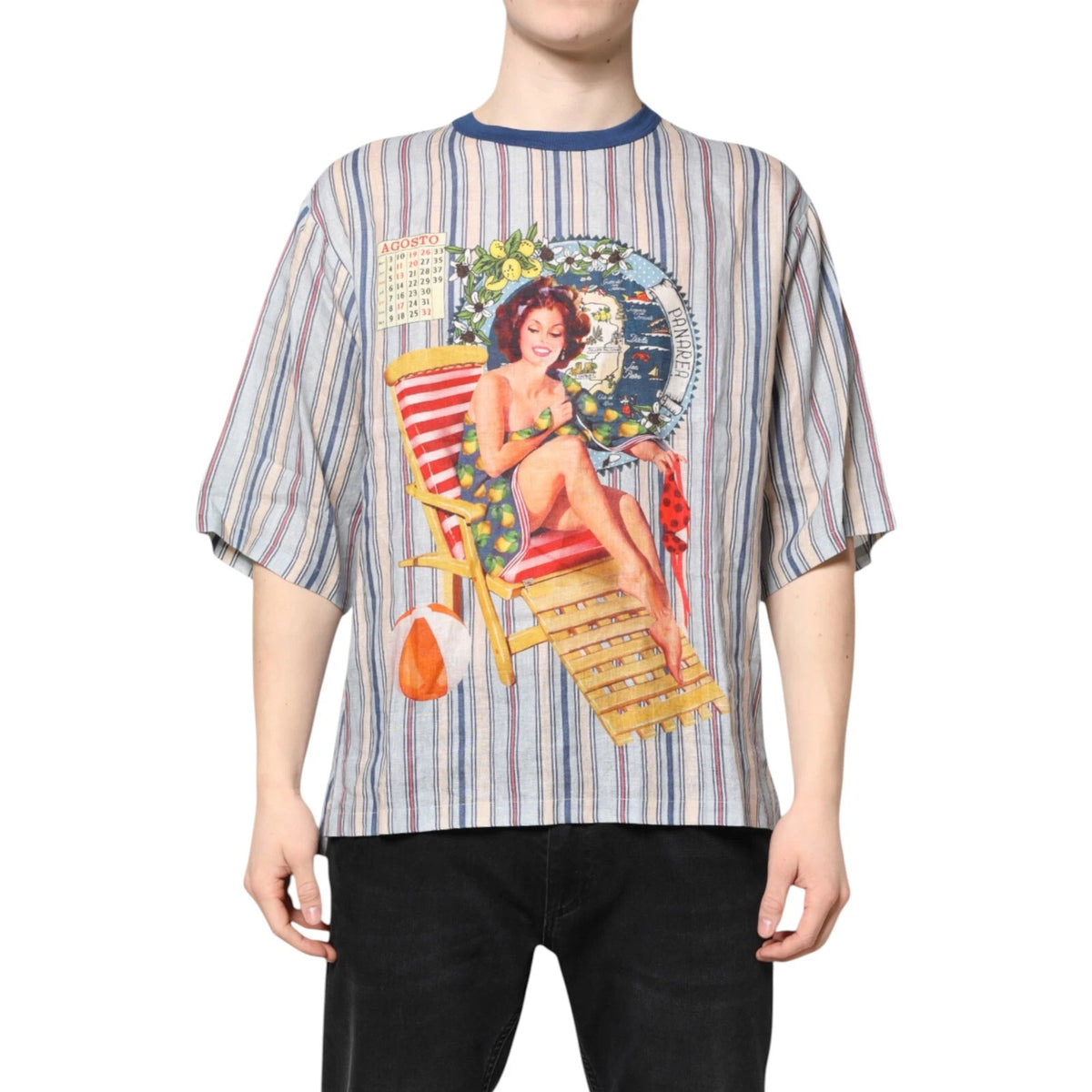 DOLCE & GABBANA T-shirt Multicolor Striped Pin Up Linen Round Neck IT48/US38/M