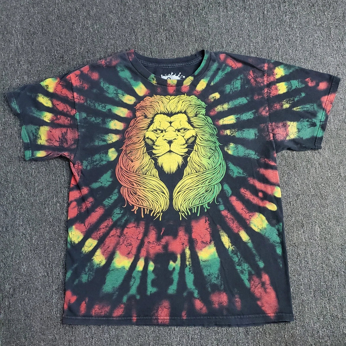 Rasta Lion T-Shirt Mens Sz Large Black Tie Dye Print Reggae Head Bob Marley DOM