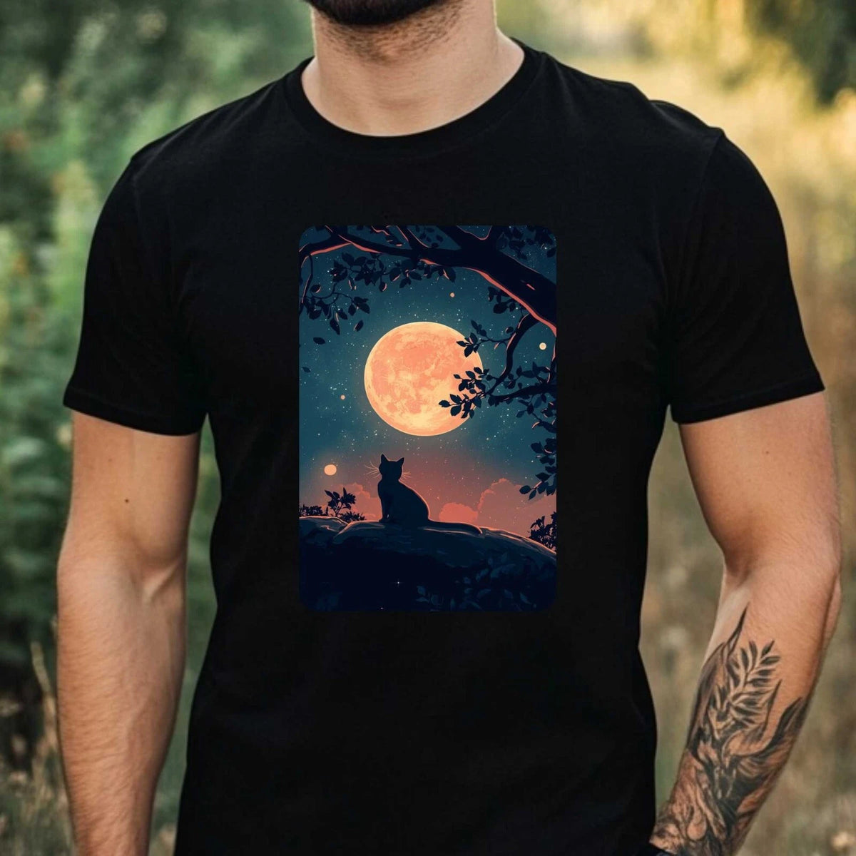 Mens Cat At Full Moon Motif Cotton T-Shirt Size XS to 5XL