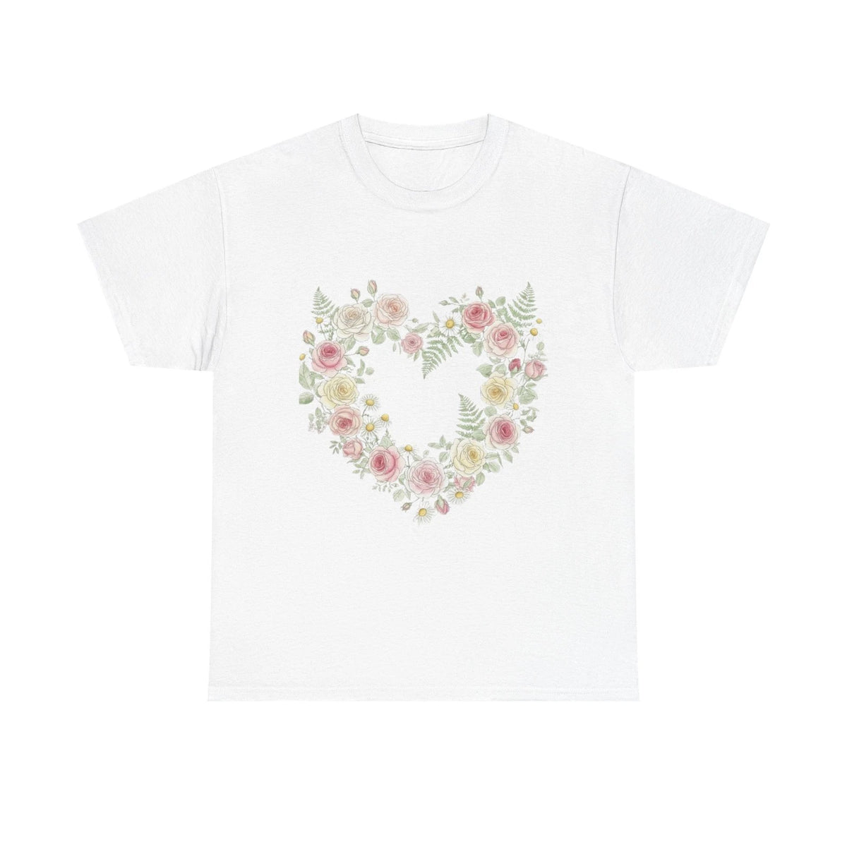 Cottagecore Floral Heart Wreath Shirt Design with Roses & Chamomile