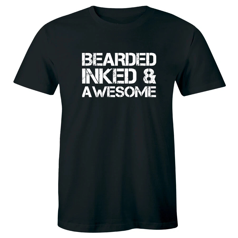 Bearded Inked and Awesome Crew Neck T-Shirt for Men Tattoo Lover Tee