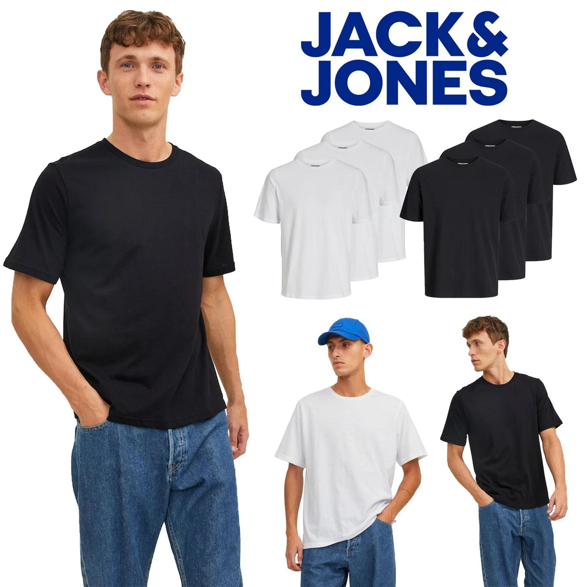 Mens Multipack T-shirt Jack & Jones 3 Pack T-shirts Classic Plain Tee - S to 2XL