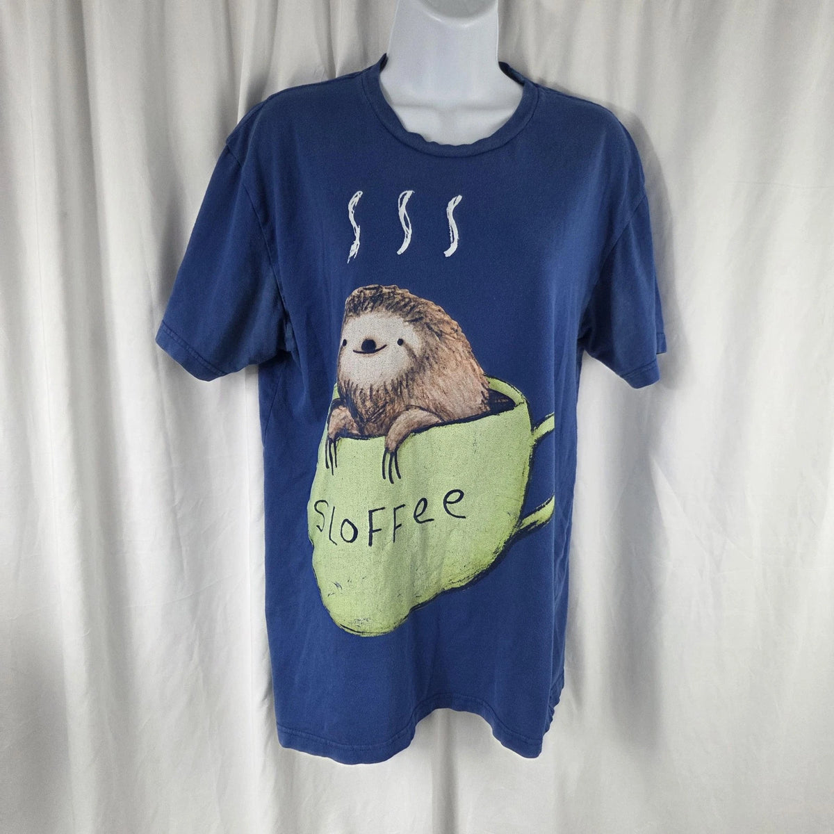 Design By Humans Shirt Mens Medium Blue Sloth Sloffee Coffee Graphic Tee Top