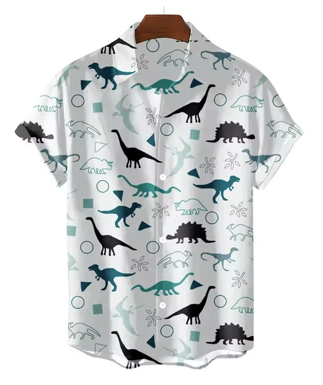 Mens Button Down Shirts Dinosaur T-Rex Printed Hawaiian Tops Novelty Ugly Gift