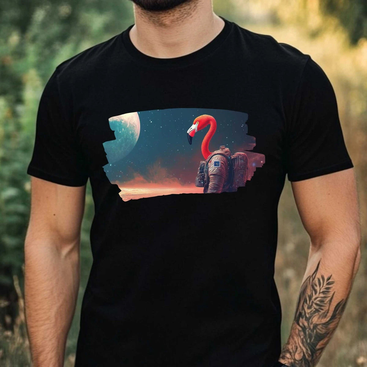 Mens Flamingo Astronaut Print Cotton T-Shirt Size XS to 5XL