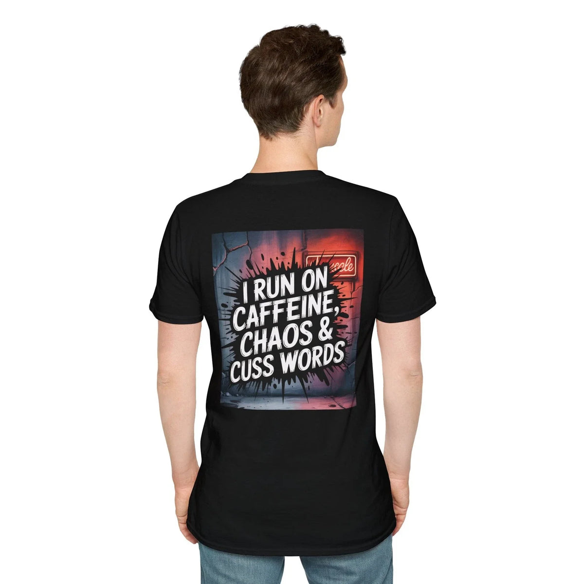 Funny Quote Unisex Softstyle Tee, Caffeine Chaos Cuss Words T-Shirt, Sarcastic