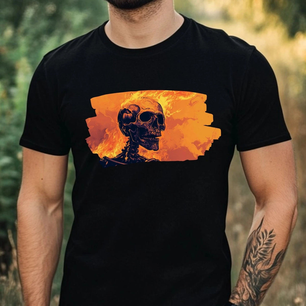 Mens Skeleton on Fire Motif Cotton T-Shirt Size XS to 5XL