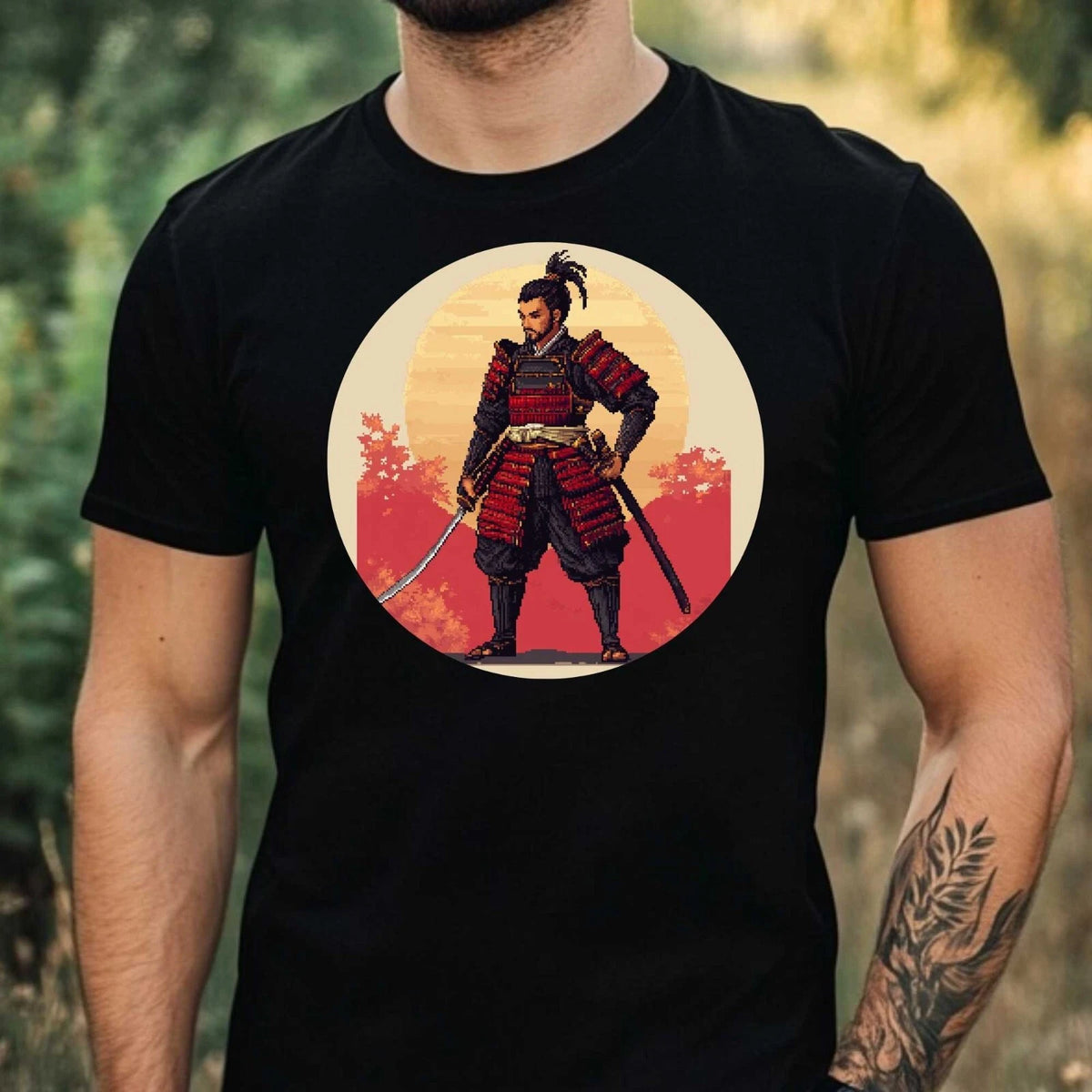 Men's Samurai in Pixel Style Motif Cotton T-Shirt Size XS to 5XL
