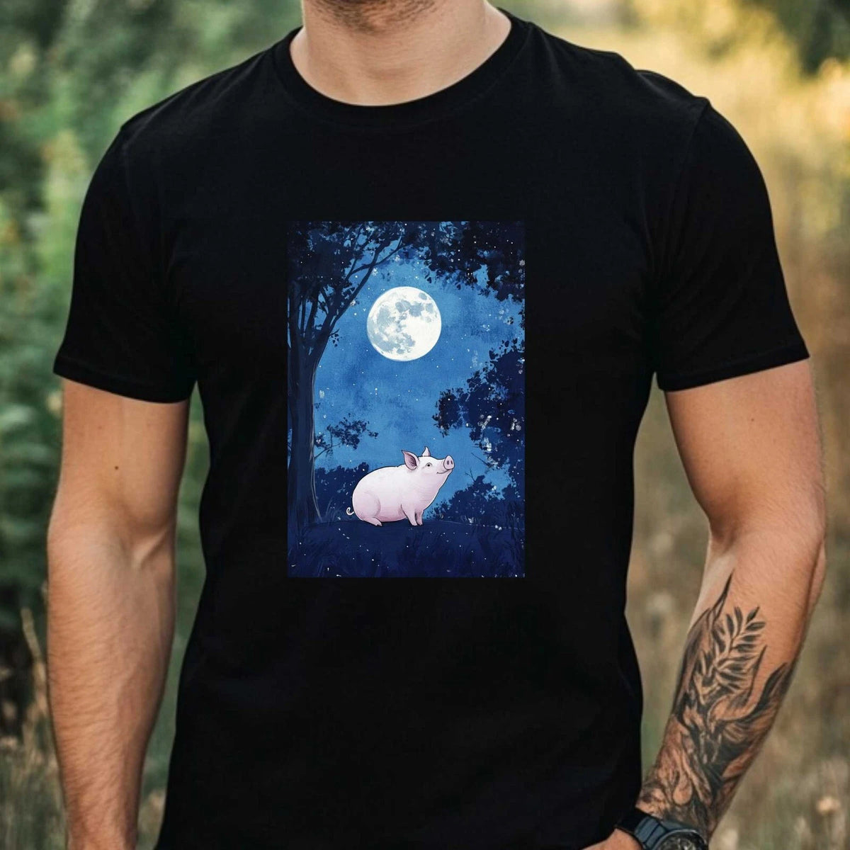 Mens Pig in the Moonlight Motif Cotton T-Shirt Size XS to 5XL