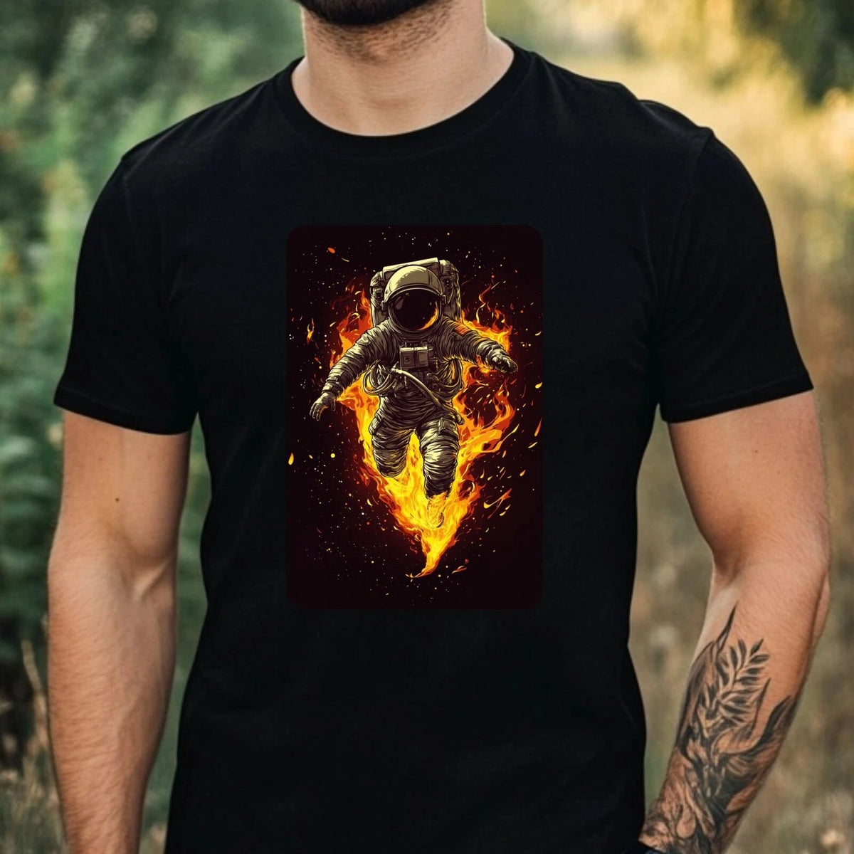 Mens Astronaut on Fire Motif Cotton T-Shirt Size XS to 5XL