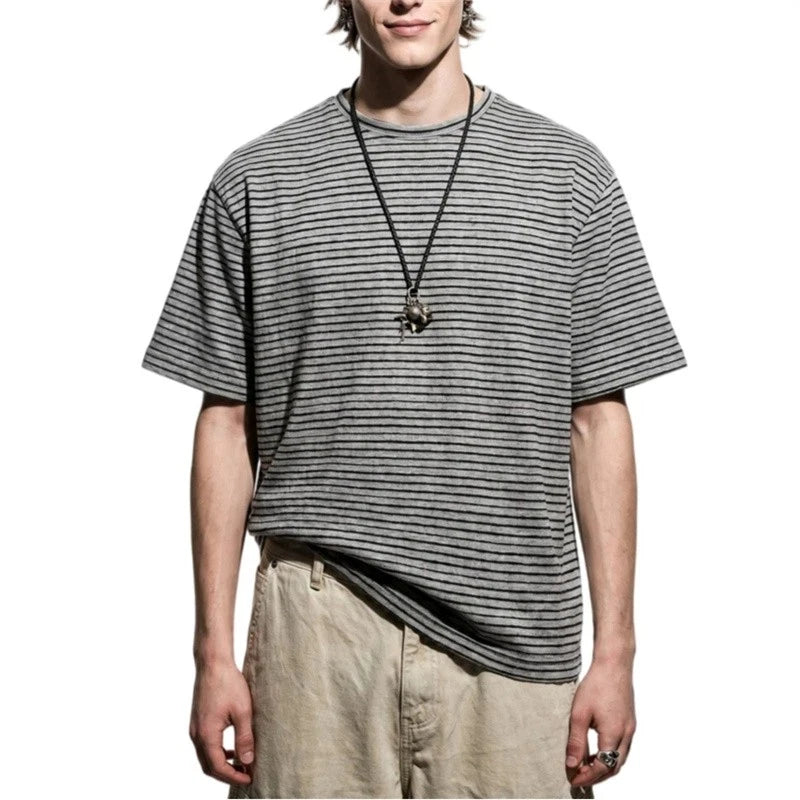 Men Striped Loose Fit T Shirt Lazy Style Versatile Summer Short Sleeve Basic Tee