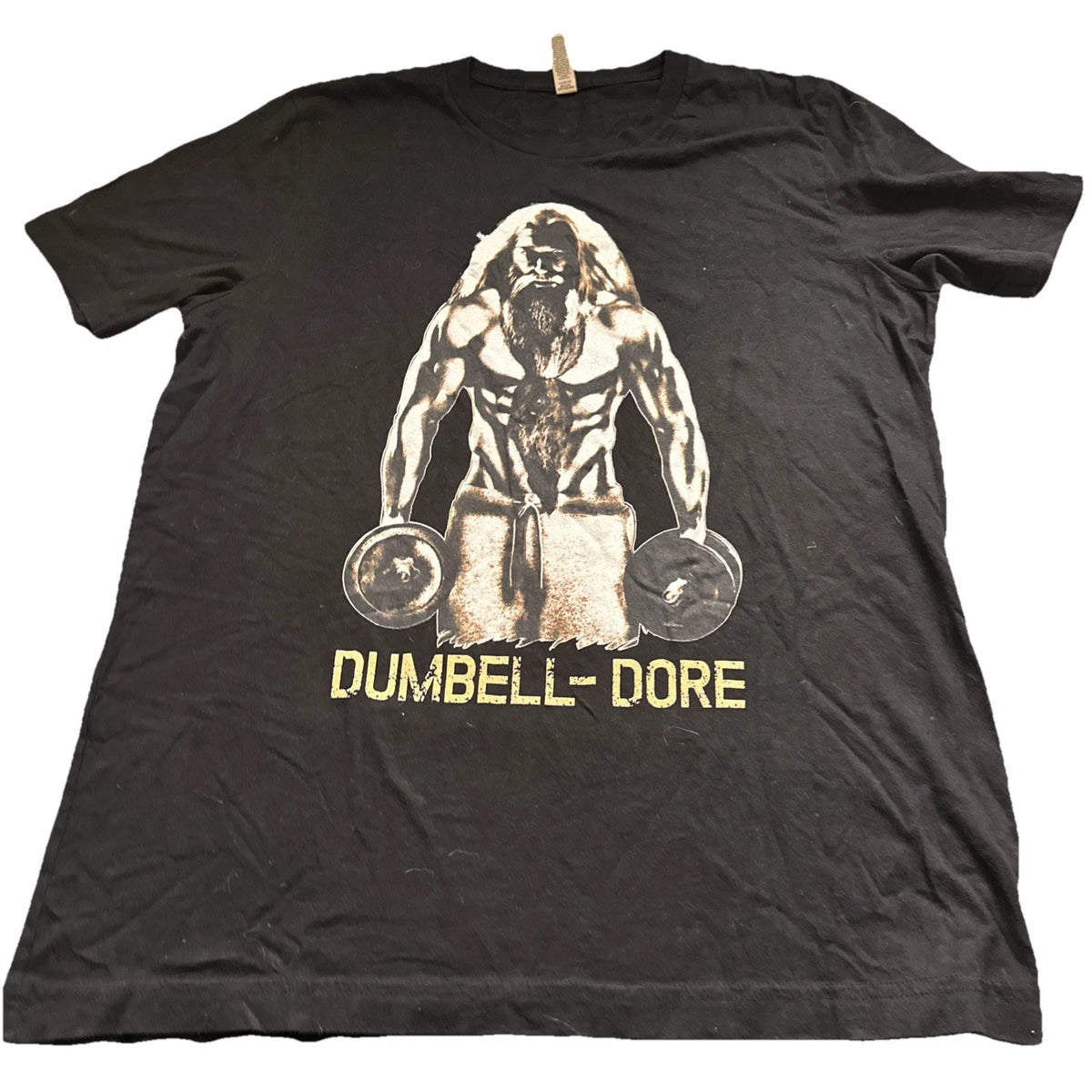 Canvas T-Shirt Men's Size Large Black ‘Dumbell-Dore’ Short-Sleeve Round Crewneck