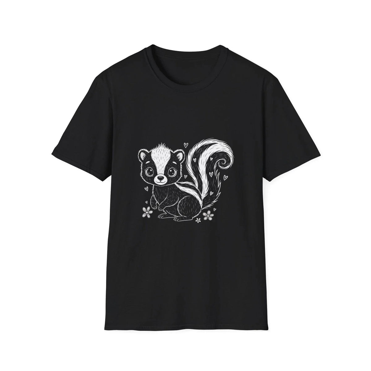 Skunk Cute Cartoon Kawaii Black Tee Nature Hearts Graphic T-Shirt