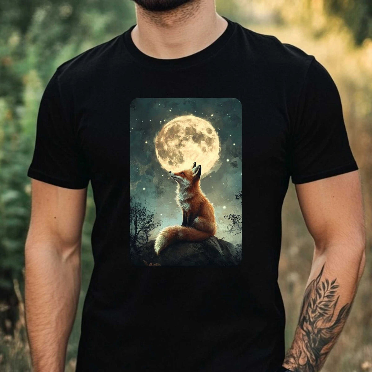 Mens Fox Full Moon Motif Cotton T-Shirt Size XS to 5XL