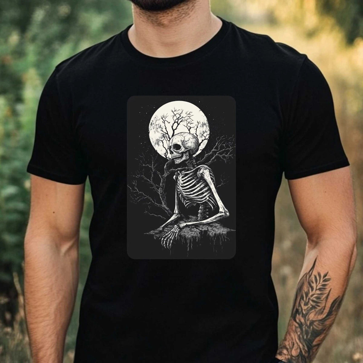 Mens Skeleton at Full Moon Motif Cotton T-Shirt Size XS to 5XL