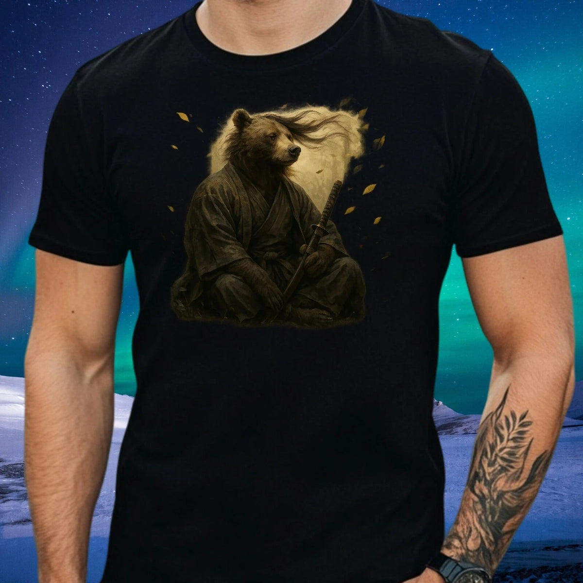 Mens Bear Samurai Motif Cotton T-Shirt Size XS to 5XL