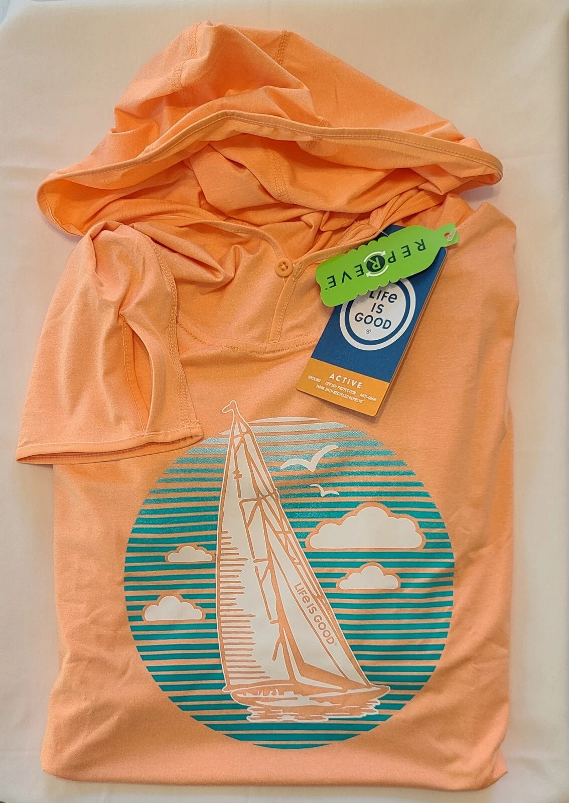 Life Is Good LS Active Hooded Tee SMOOTH SAILING Moister Wicking UPF Men L 47in
