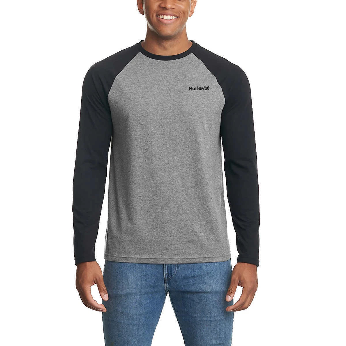 Hurley Men's Raglan Embroidered Logo Long Sleeve Tee T-Shirt Large