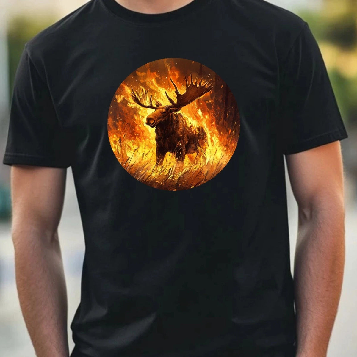 Mens Moose on Fire Motif Cotton T-Shirt Size XS to 5XL