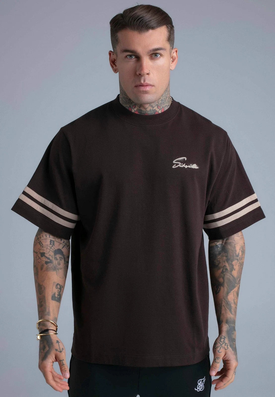 SikSilk Men's Short Sleeved Oversized Crew Neck Script T-Shirt Tee Brown