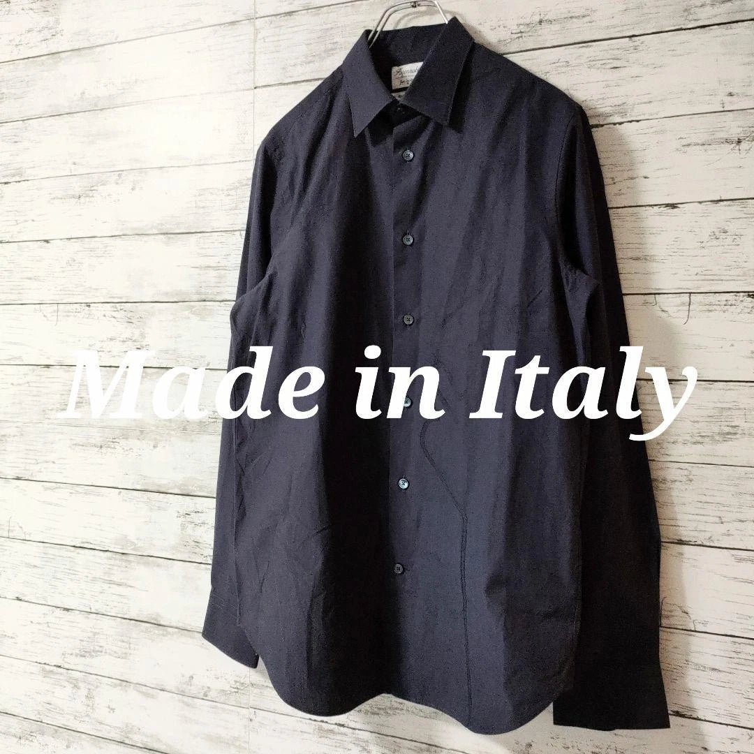 Stylish Italian Long Sleeve Dress Shirt M Navy Floral Design