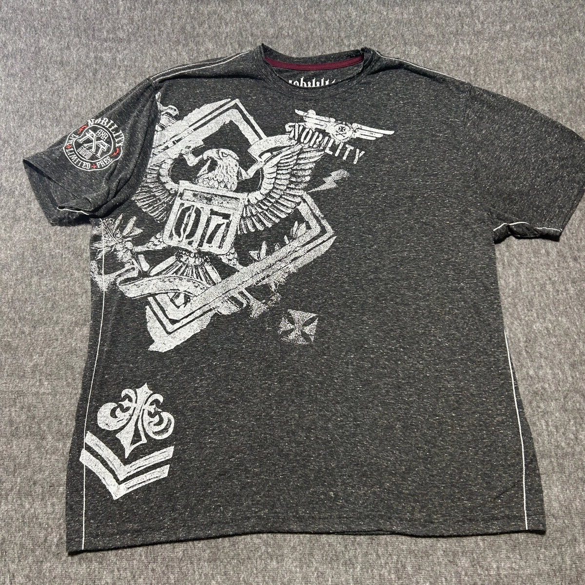 Nobility Mens Shirt Grey XX-LargeAll Over Graphic Eagle Embroidered 2XL Y2K