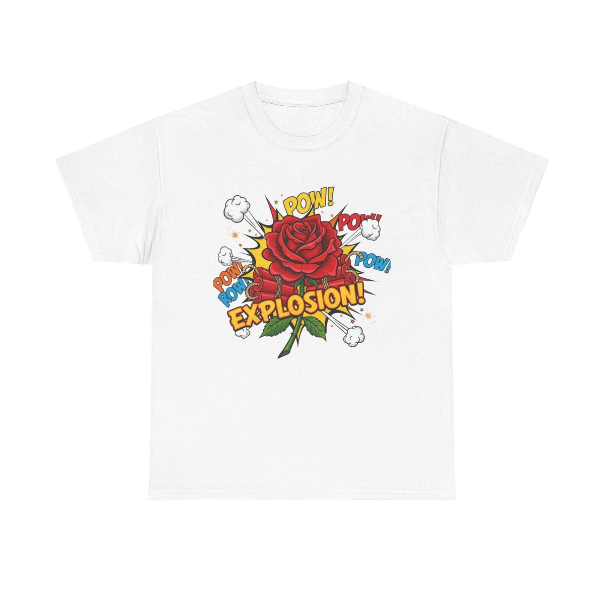 Camiseta Explosión de Rosas. Camiseta gráfica de flores estilo cómic Pop Art.
