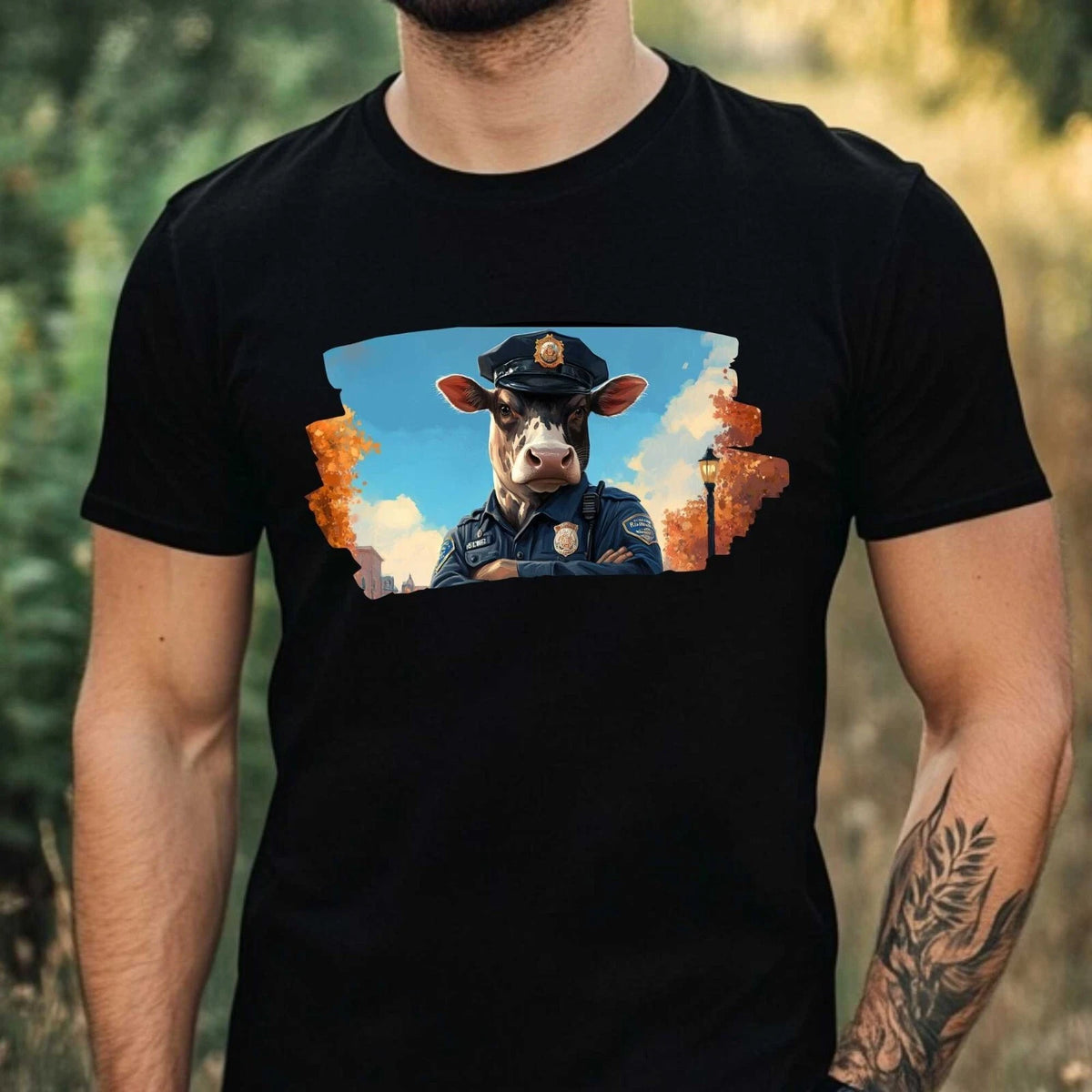 Mens Cow as Policeman Motif Cotton T-Shirt Size XS to 5XL