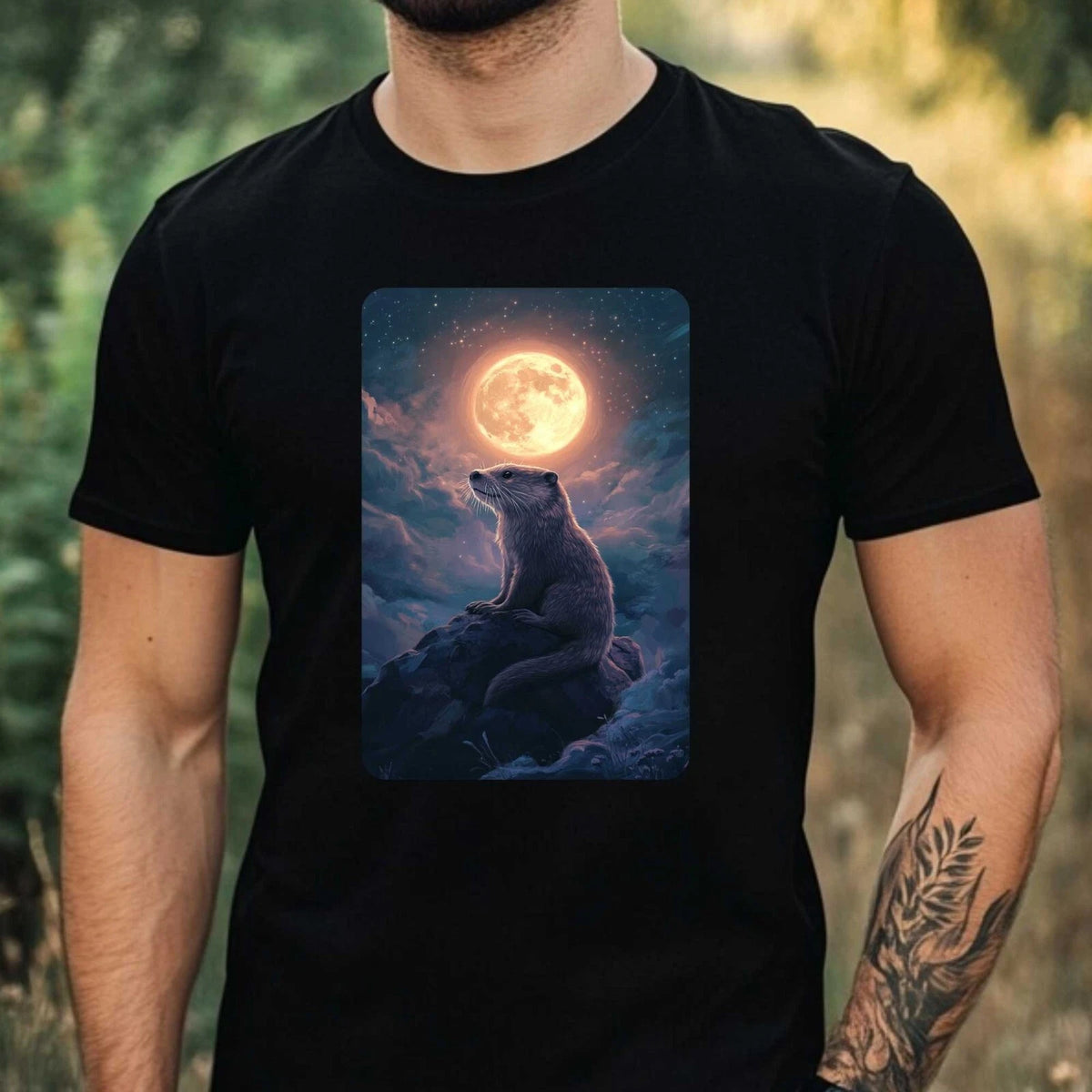 Mens Otter at Full Moon Motif Cotton T-Shirt Size XS to 5XL