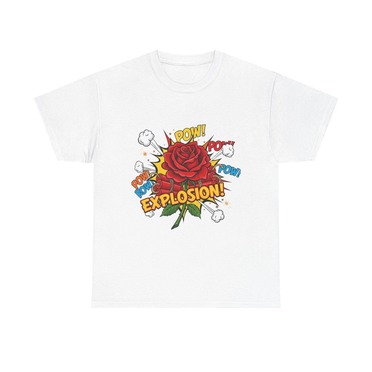 Camiseta Explosión de Rosas. Arte Pop Cómic, ¡Pow! ¡Boom! Camiseta Gráfica