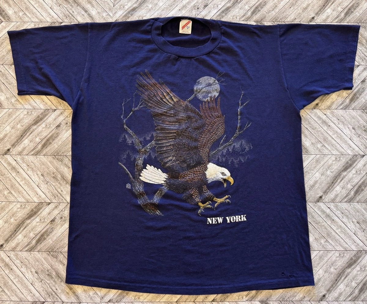 VTG New York T-Shirt Mens XL Blue USA Bald Eagle Moon Streetwear Nature Y2K NYC