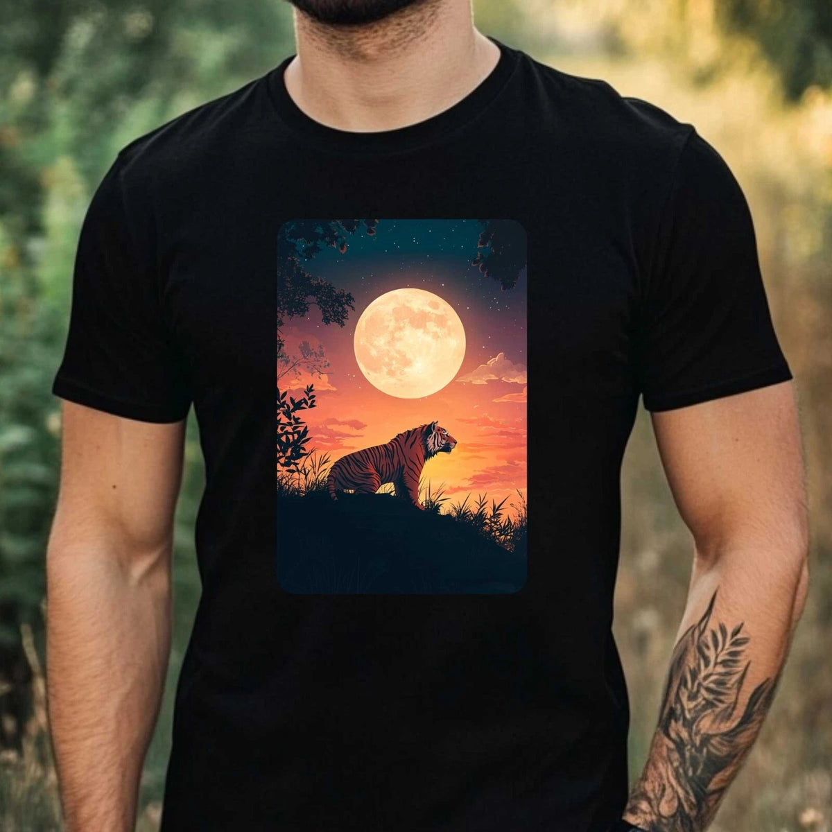 Mens Tiger Full Moon Print Cotton T-Shirt Size XS to 5XL