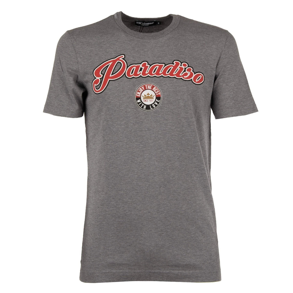 DOLCE & GABBANA cotton T-shirt with Paradiso print and logo sticker gray 11081