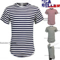 Mens Striped Hipster T Shirt Extended Longline Hip Hop Short Sleeve Casual Tee
