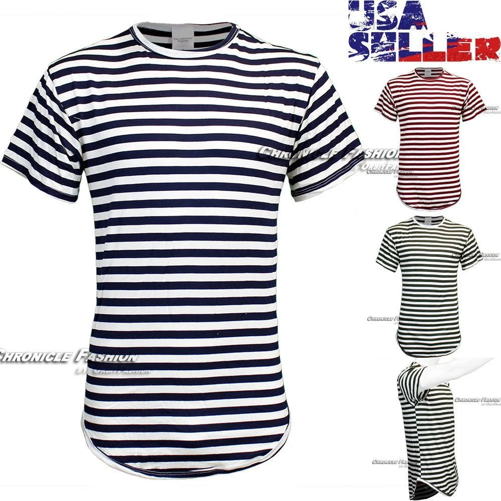 Mens Striped Hipster T Shirt Extended Longline Hip Hop Short Sleeve Casual Tee