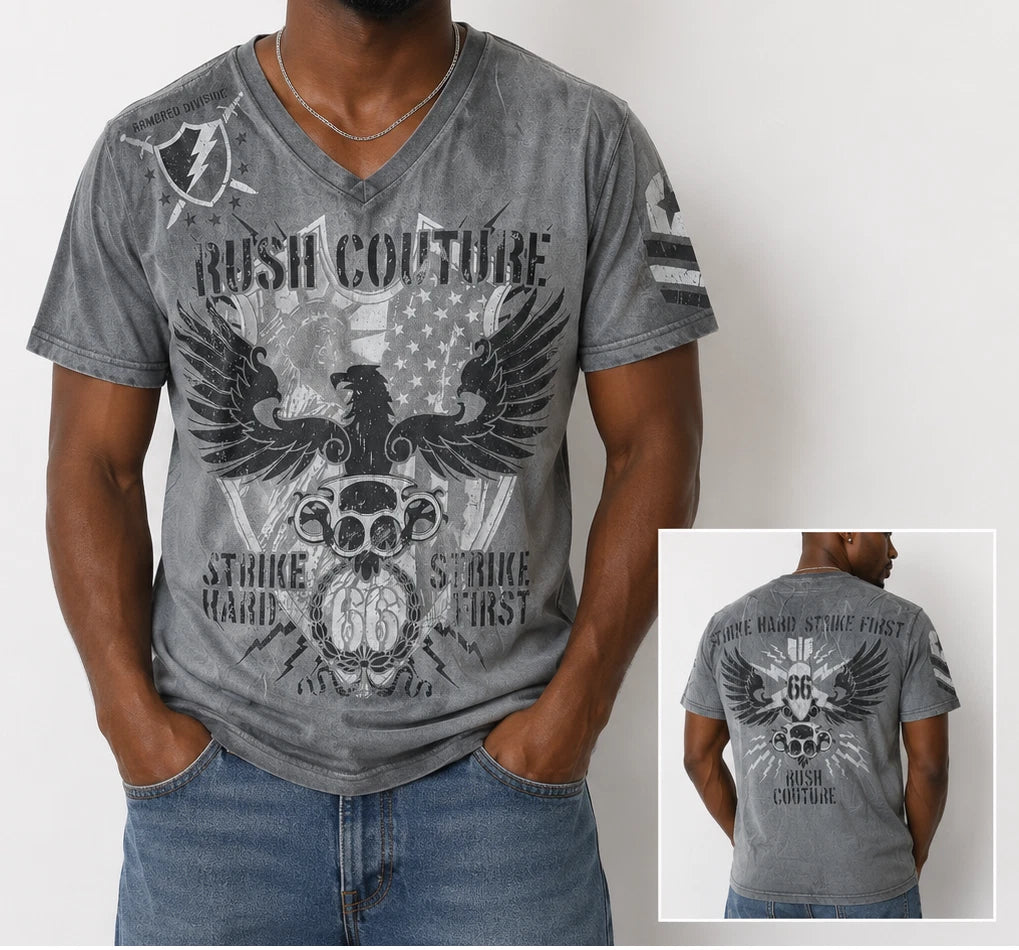 Rush Couture Men's Unisex V-neck Tee Shirt Grey White Graphic Size Large Y2K