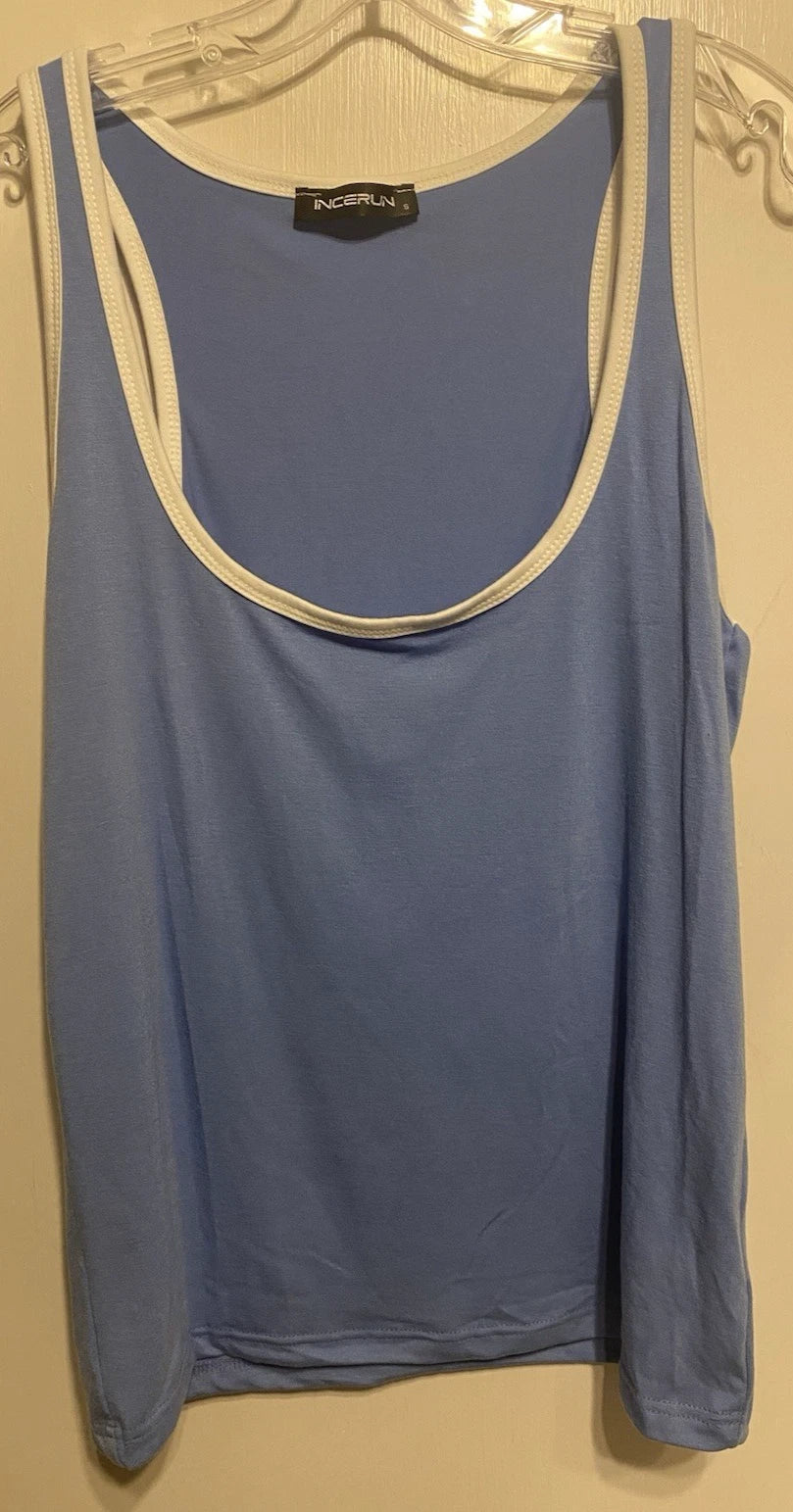 Incerun Men's Deep Scoop Neck Tank Top Size Small Blue, white trim NWOT