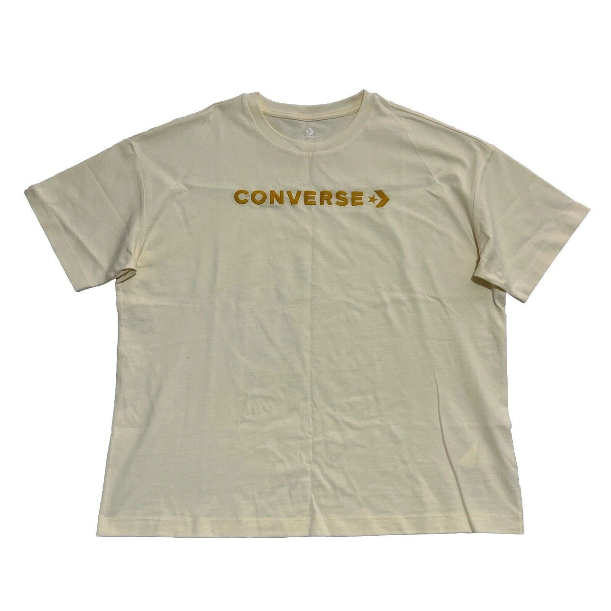 Converse Men’s T-Shirt Cream Loose Fit Short Sleeve Embroidered Logo Size Medium