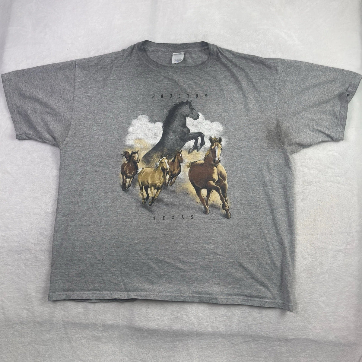 Y2K Anvil Houston Texas Horses Grey Short Sleeve Graphic Shirt Men's 2X Stains
