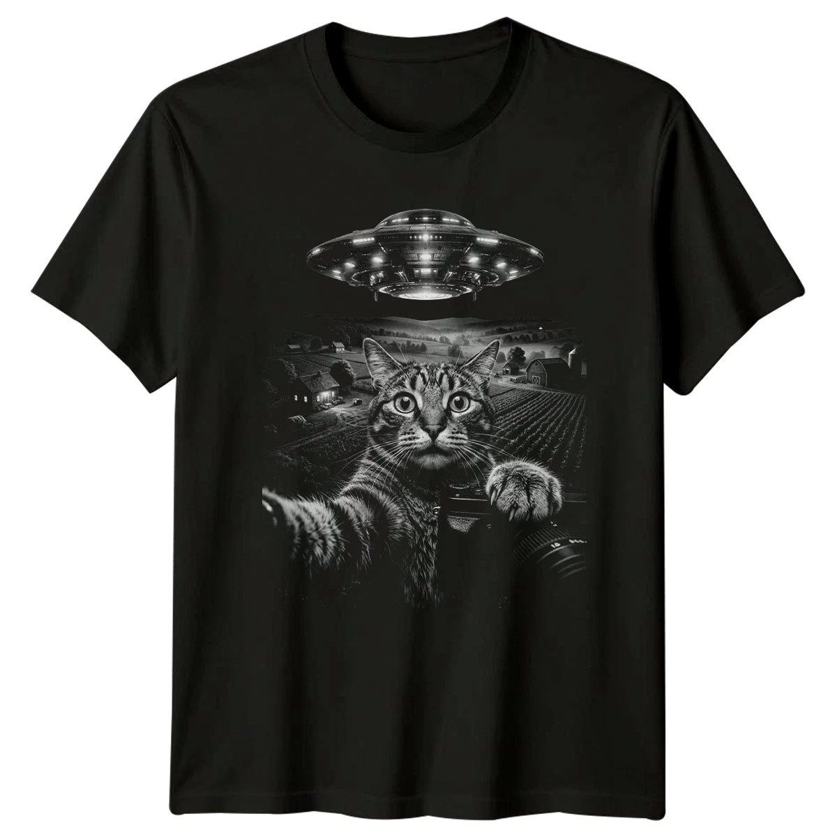 Cat Selfie UFO Alien Abduction T-Shirt Farm Cat Birthday Gift For Him And Her