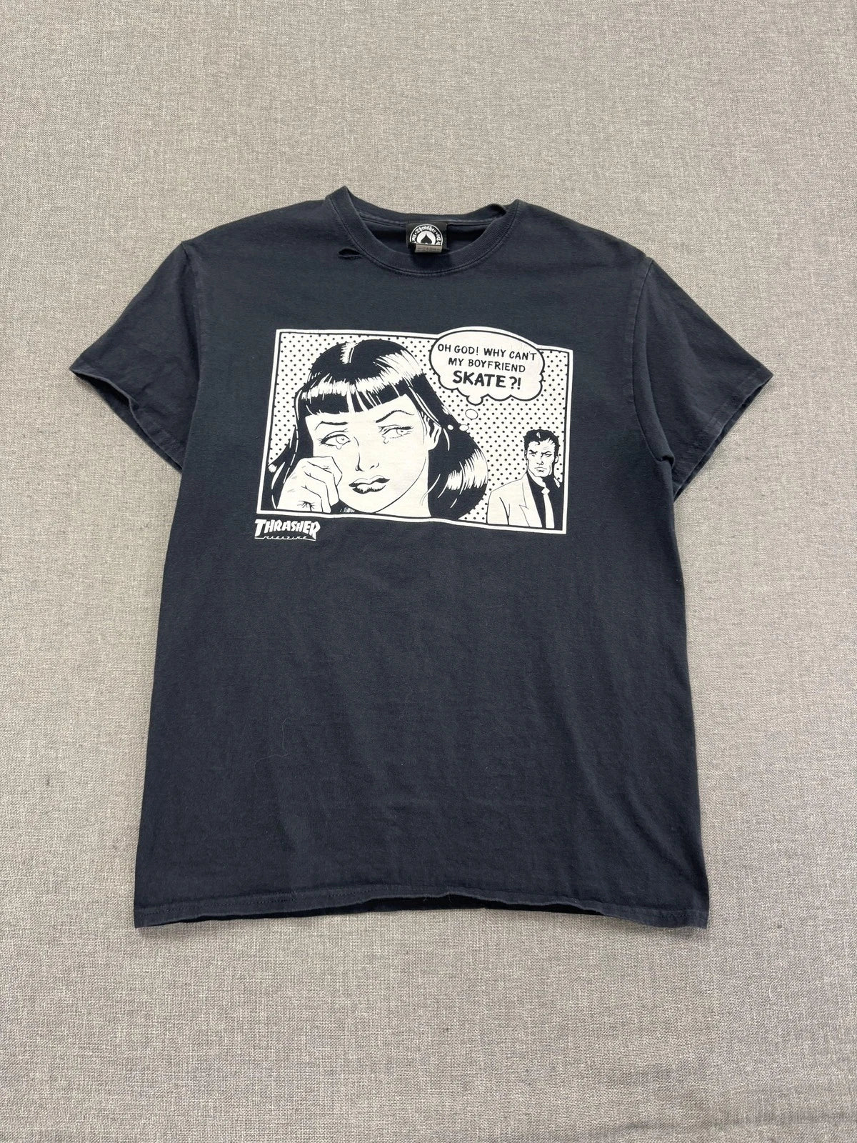 Y2K Thrasher T-Shirt Mens Medium Black Comic Graphic Skateboarding Pop Art Tee